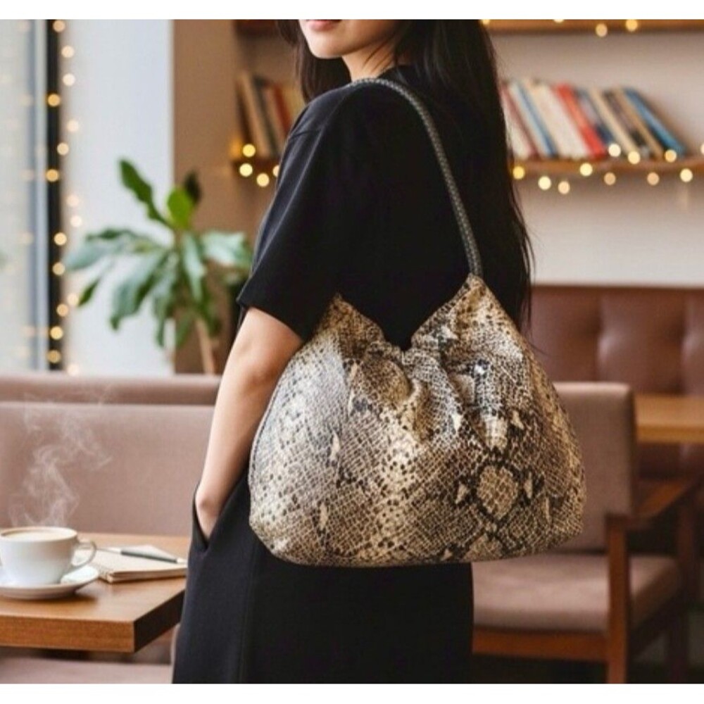 Brighton Leather Handbag Brown and Tan "Nolita" Python Snake Skin Embossed